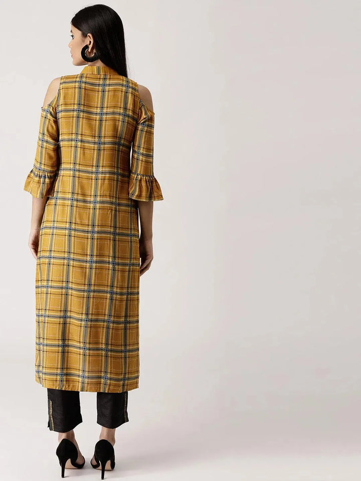 Yellow Checkered Rayon Kurta - Libas