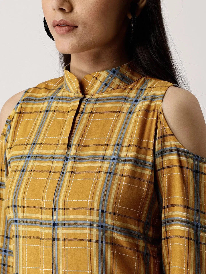 Yellow Checkered Rayon Kurta - Libas