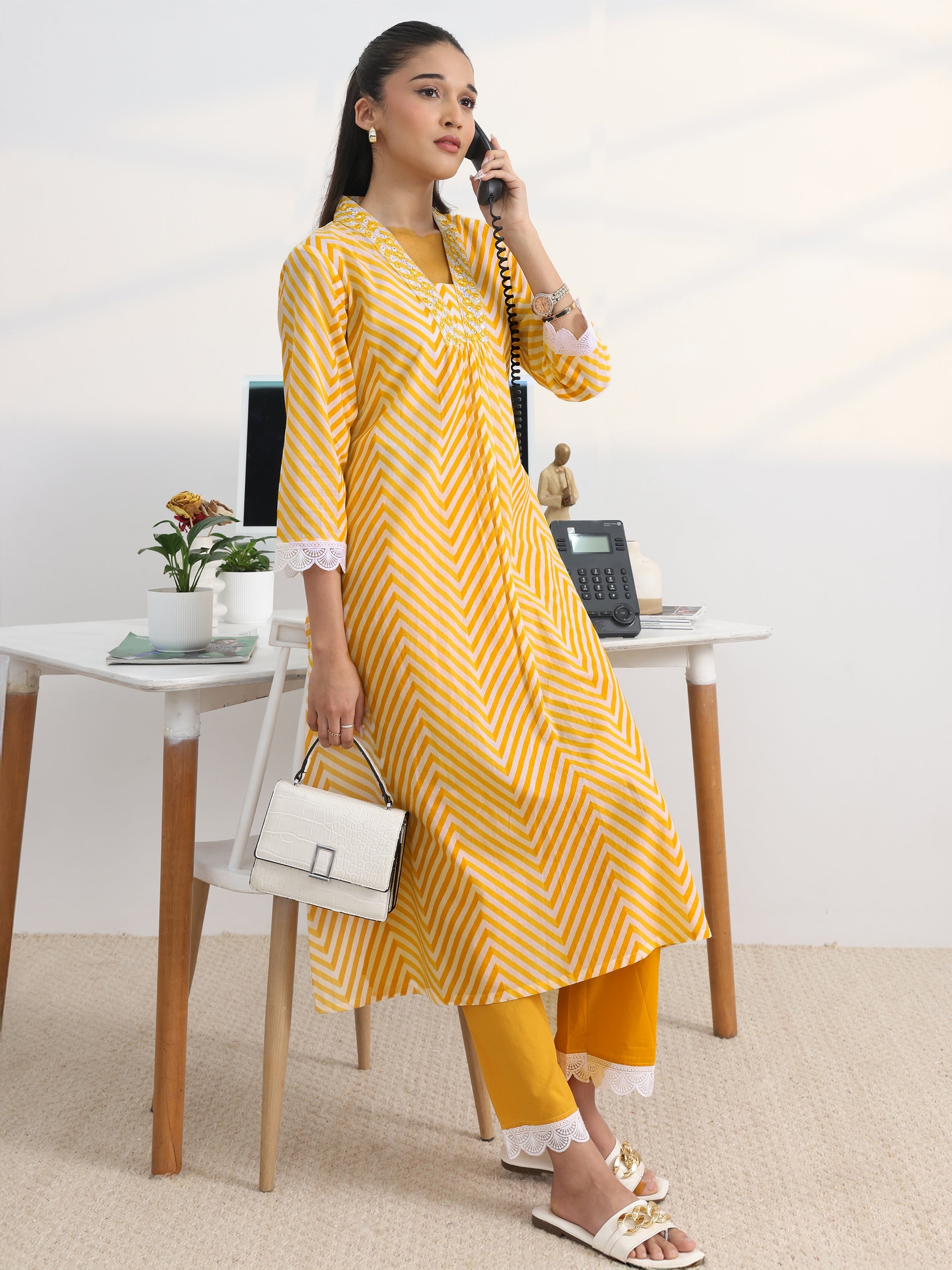 libas Yellow Chevron Printed Cotton Blend A-Line Kurta Set-picture-35