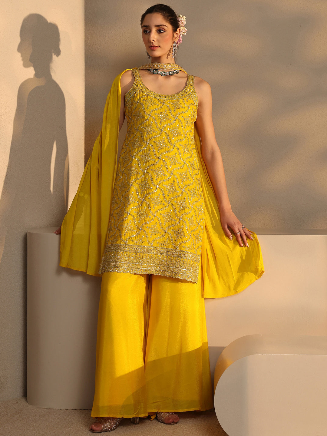 Yellow Embellished Chinon Palazzo Suit Set With Dupatta