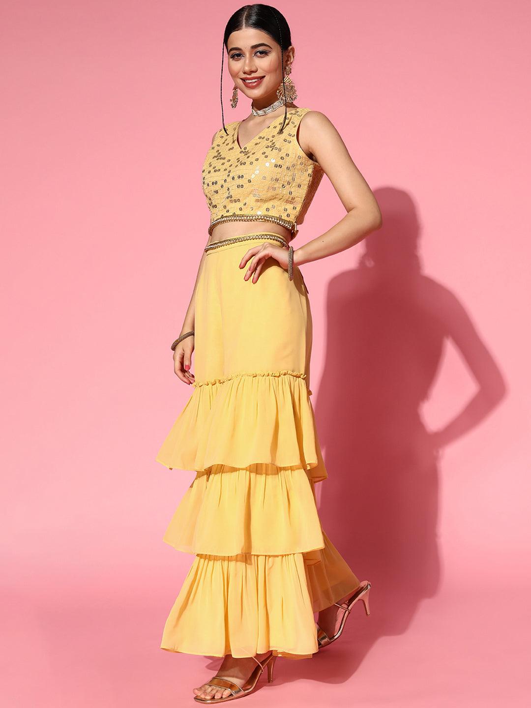Yellow Embellished Georgette Top With Sharara
