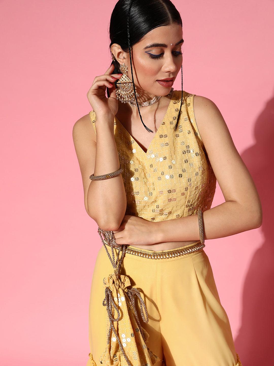 Yellow Embellished Georgette Top With Sharara