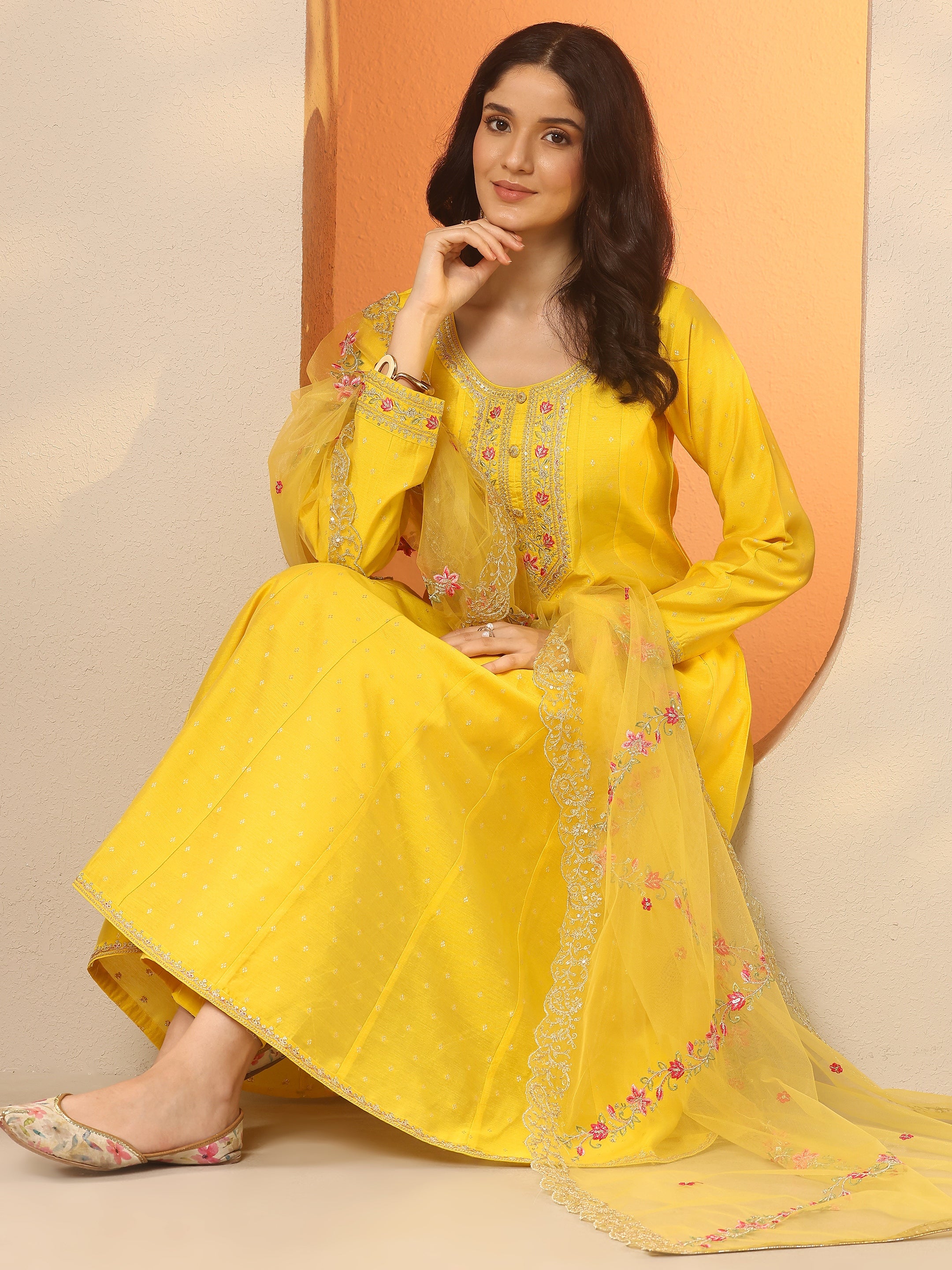 libas Yellow Embellished Silk Blend Anarkali Suit Set With Dupatta-picture-53
