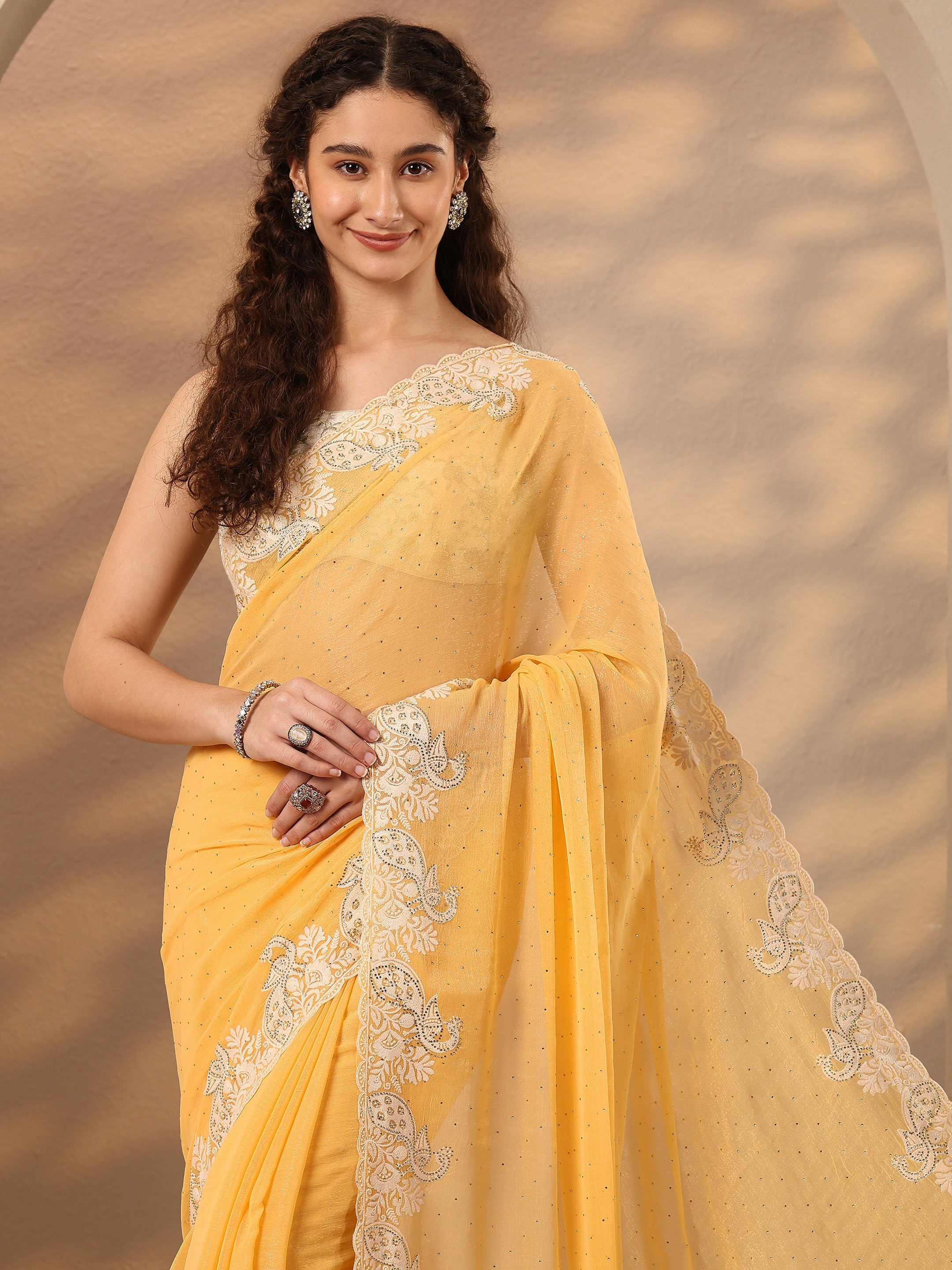 libas Yellow Embellished Silk Blend Saree With Unstitched Blouse Piece-picture-11