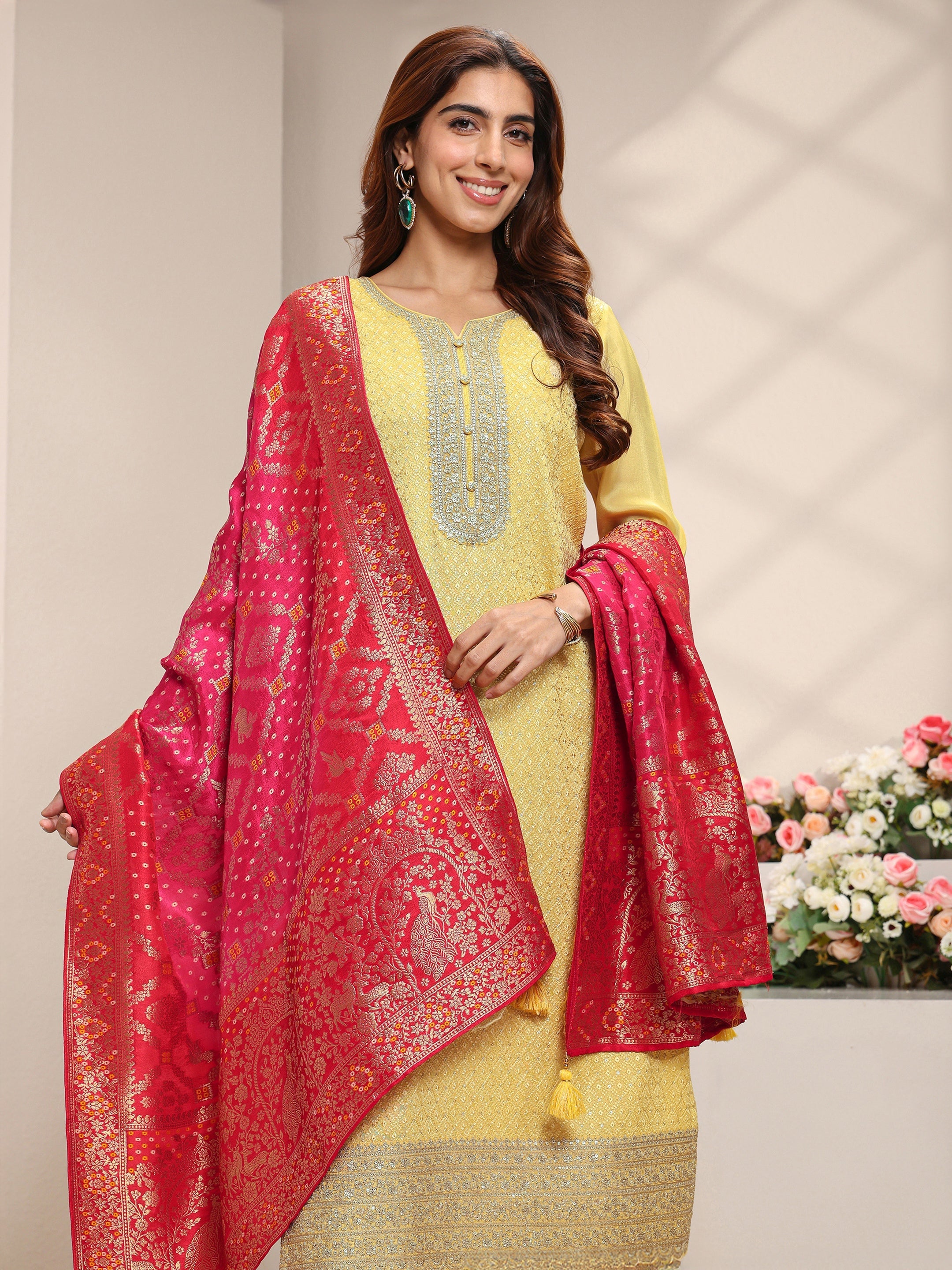 Yellow Embellished Silk Blend Straight Suit Set With Dupatta-image-37