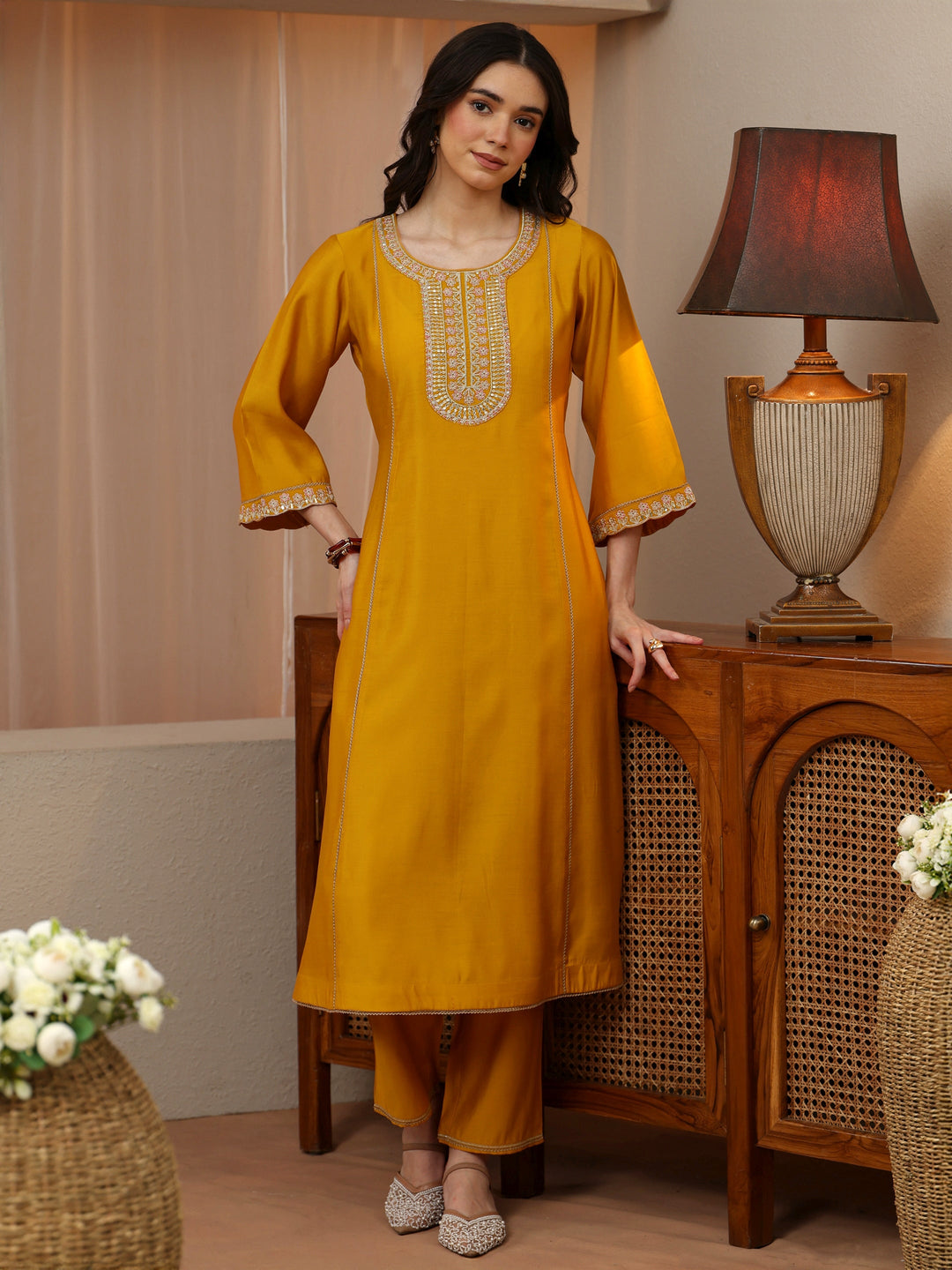  Yellow Embellished Yoke Design Silk Blend A-Line Kurta Set 