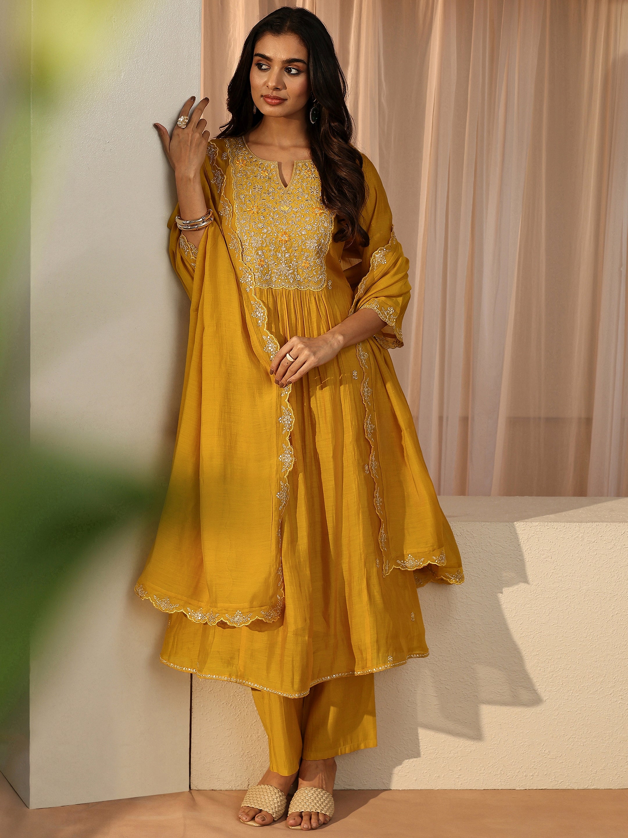 Yellow Embroidered Chanderi Cotton A-Line Suit Set-image-33