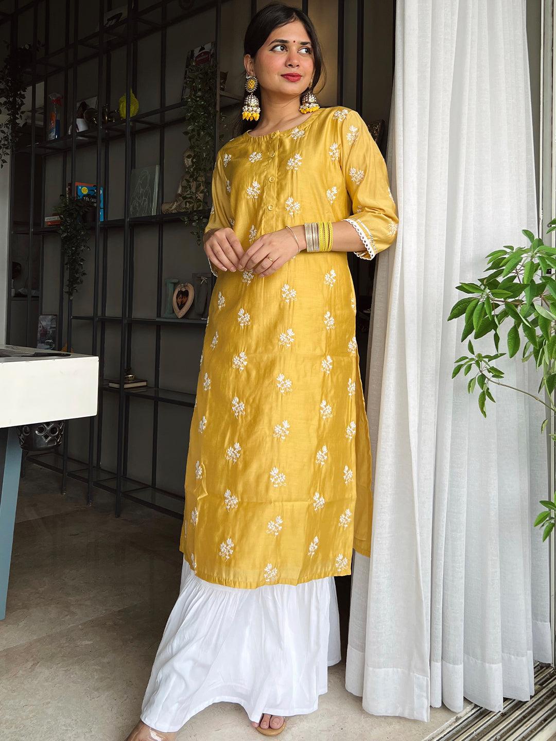Yellow Embroidered Chanderi Silk Kurta