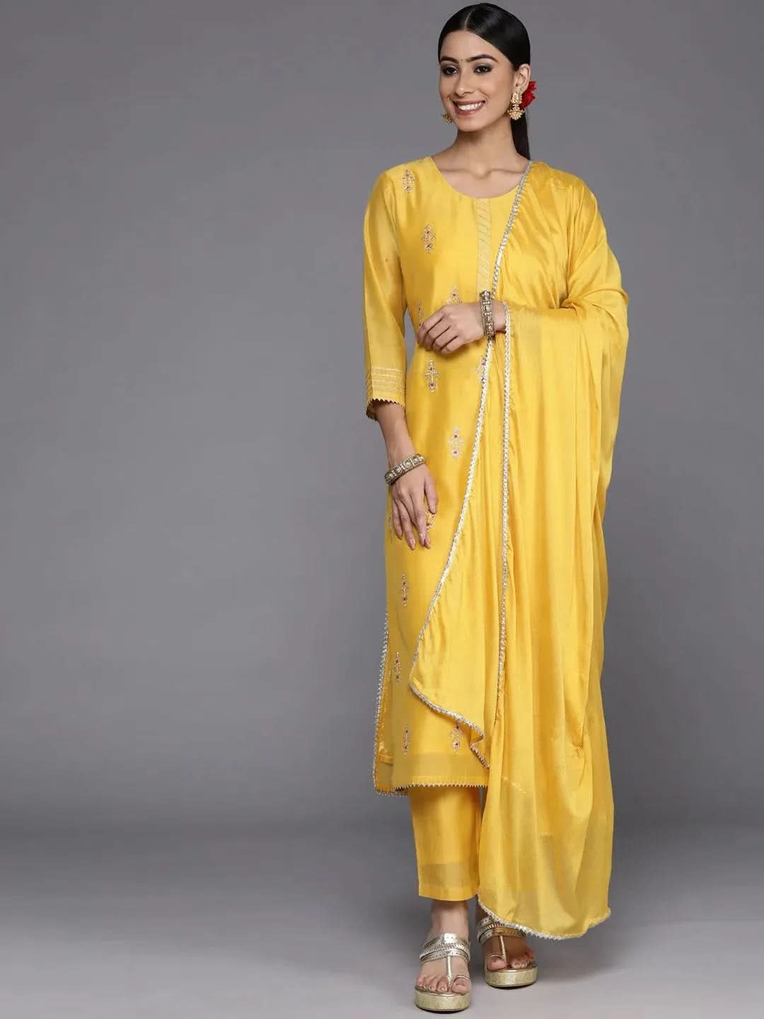 

Yellow Embroidered Chanderi Silk Straight Kurta With Trousers & Dupatta