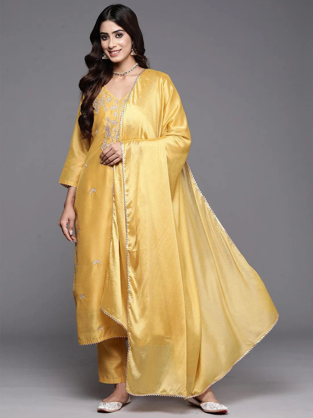 Yellow Embroidered Chanderi Silk Straight Kurta With Trousers & Dupatta - Libas