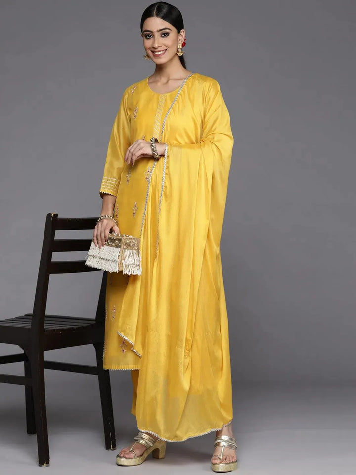 Yellow Embroidered Chanderi Silk Straight Suit Set - Libas