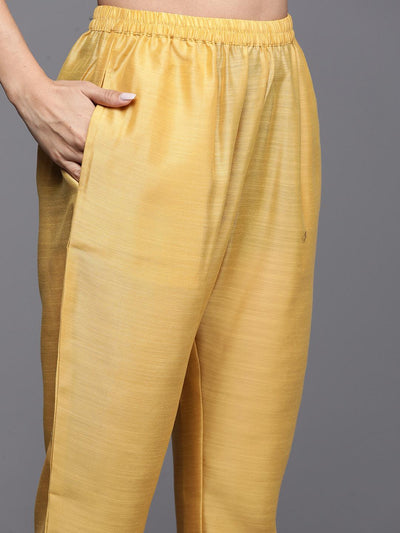 Yellow Embroidered Chanderi Silk Straight Kurta With Trousers & Dupatta - Libas