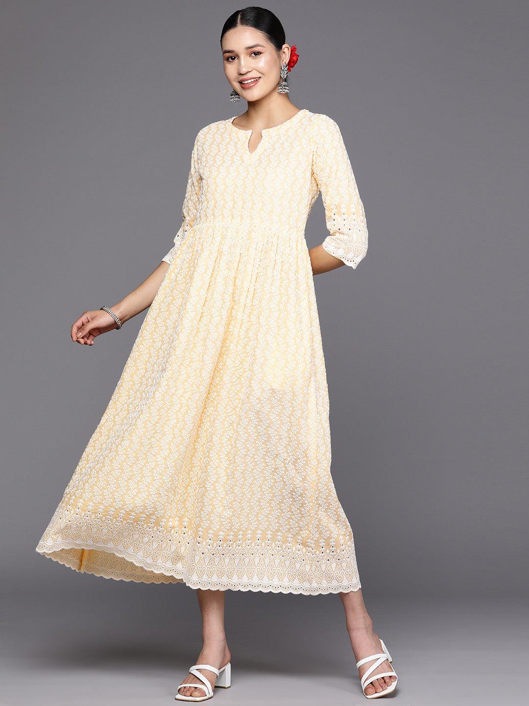 Yellow Embroidered Cotton Fit and Flare Dress