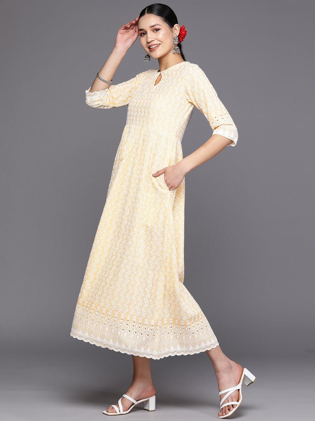 Yellow Embroidered Cotton Fit and Flare Dress