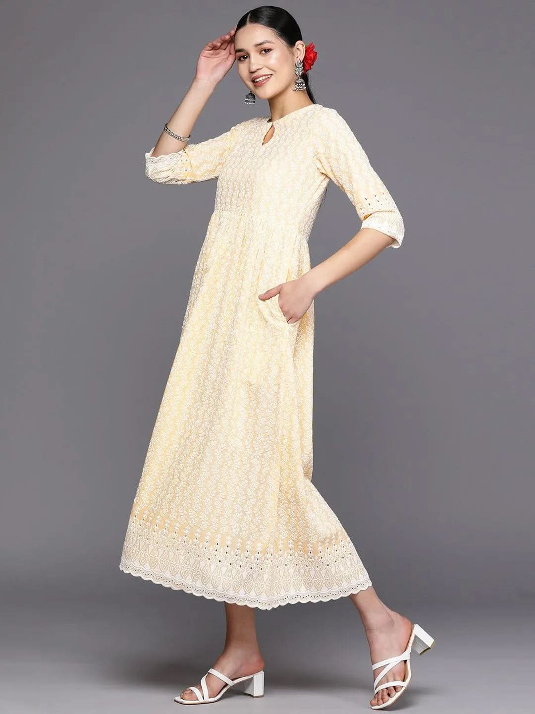 

Yellow Embroidered Cotton Fit and Flare Dress
