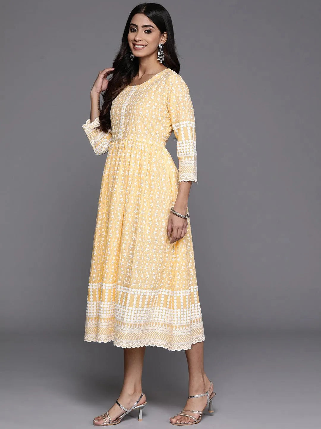 Yellow Printed Cotton Fit and Flare Dress - Libas 