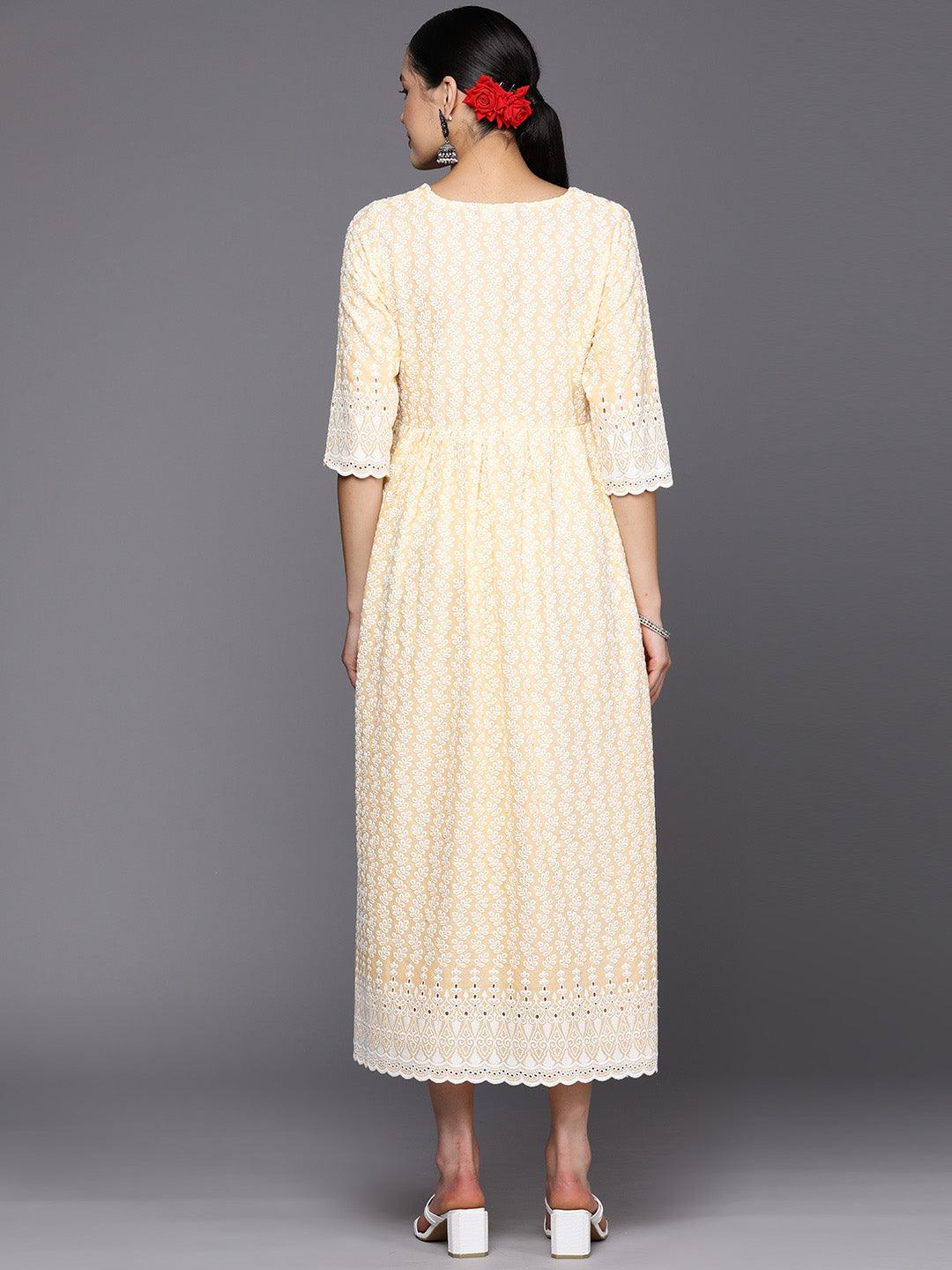 Yellow Embroidered Cotton Fit and Flare Dress - Libas
