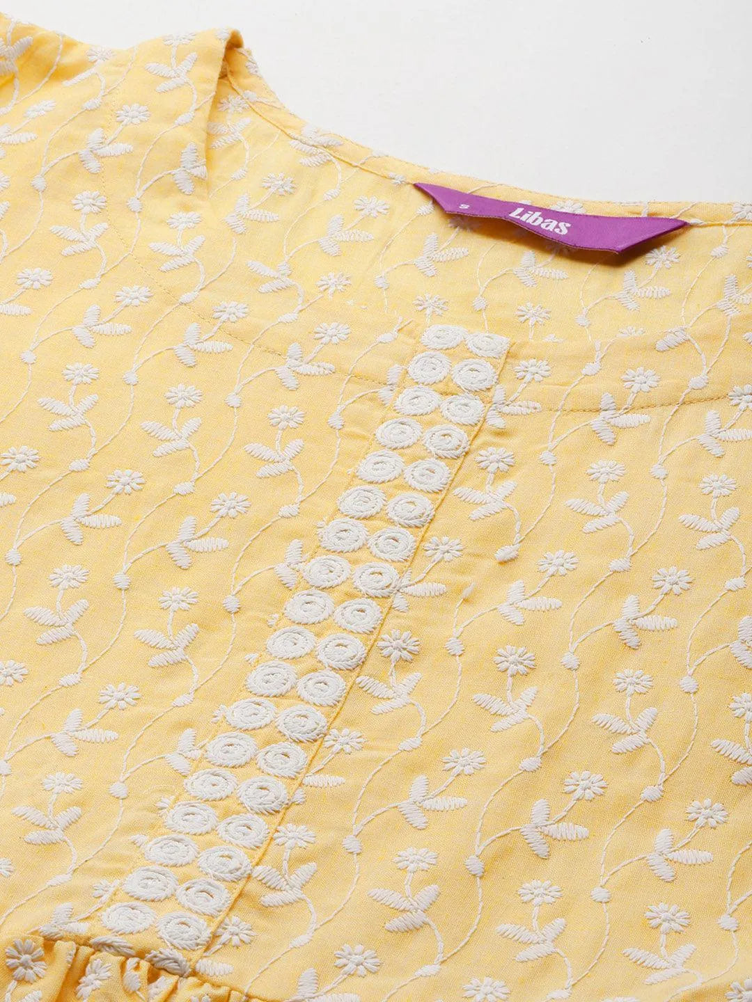 Yellow Printed Cotton Fit and Flare Dress - Libas 
