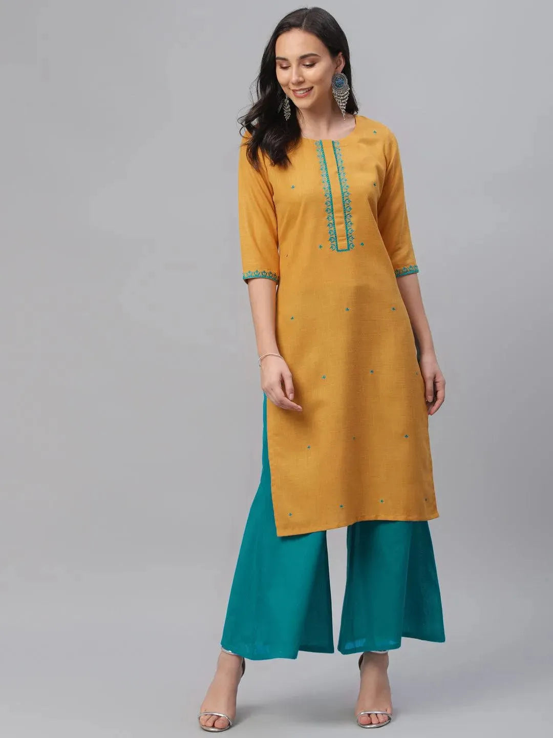 Yellow Embroidered Cotton Kurta - Libas