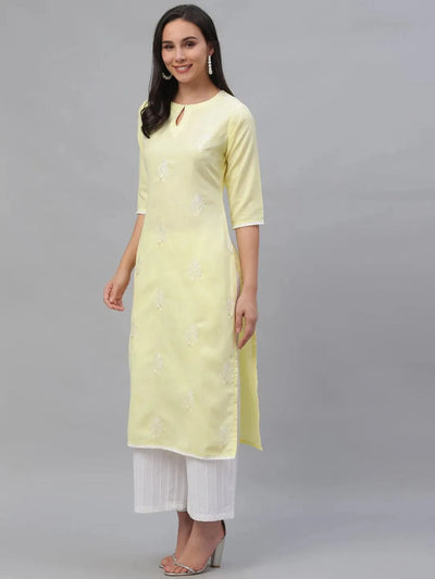 Yellow Embroidered Cotton Kurta - Libas