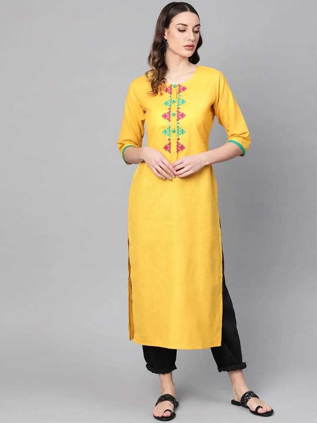 Yellow Embroidered Cotton Kurta 