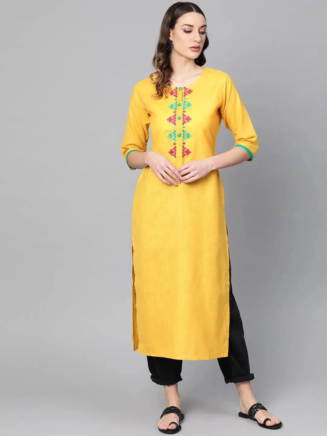  Yellow Embroidered Cotton Kurta 