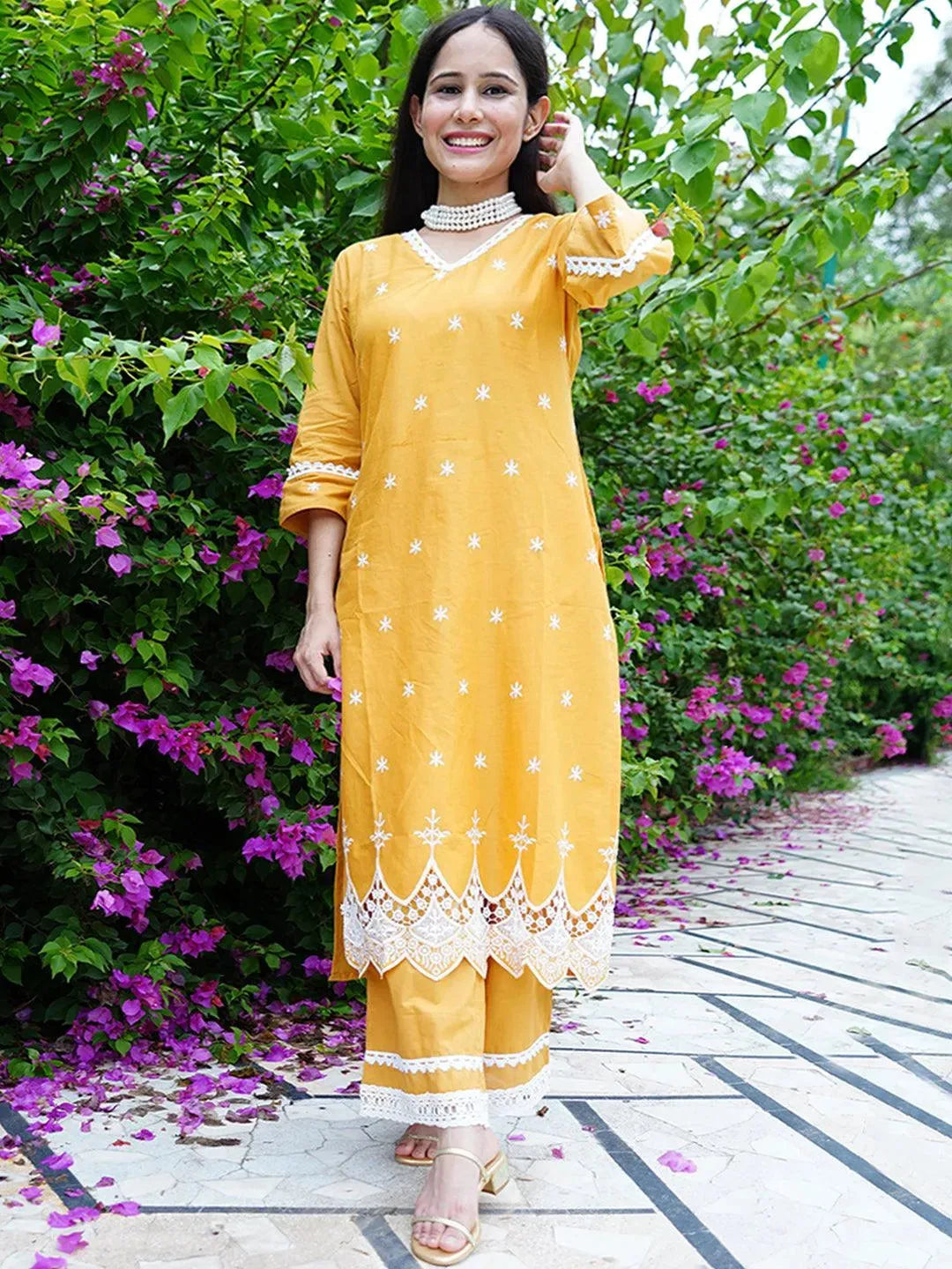 Yellow Embroidered Cotton Kurta - Libas