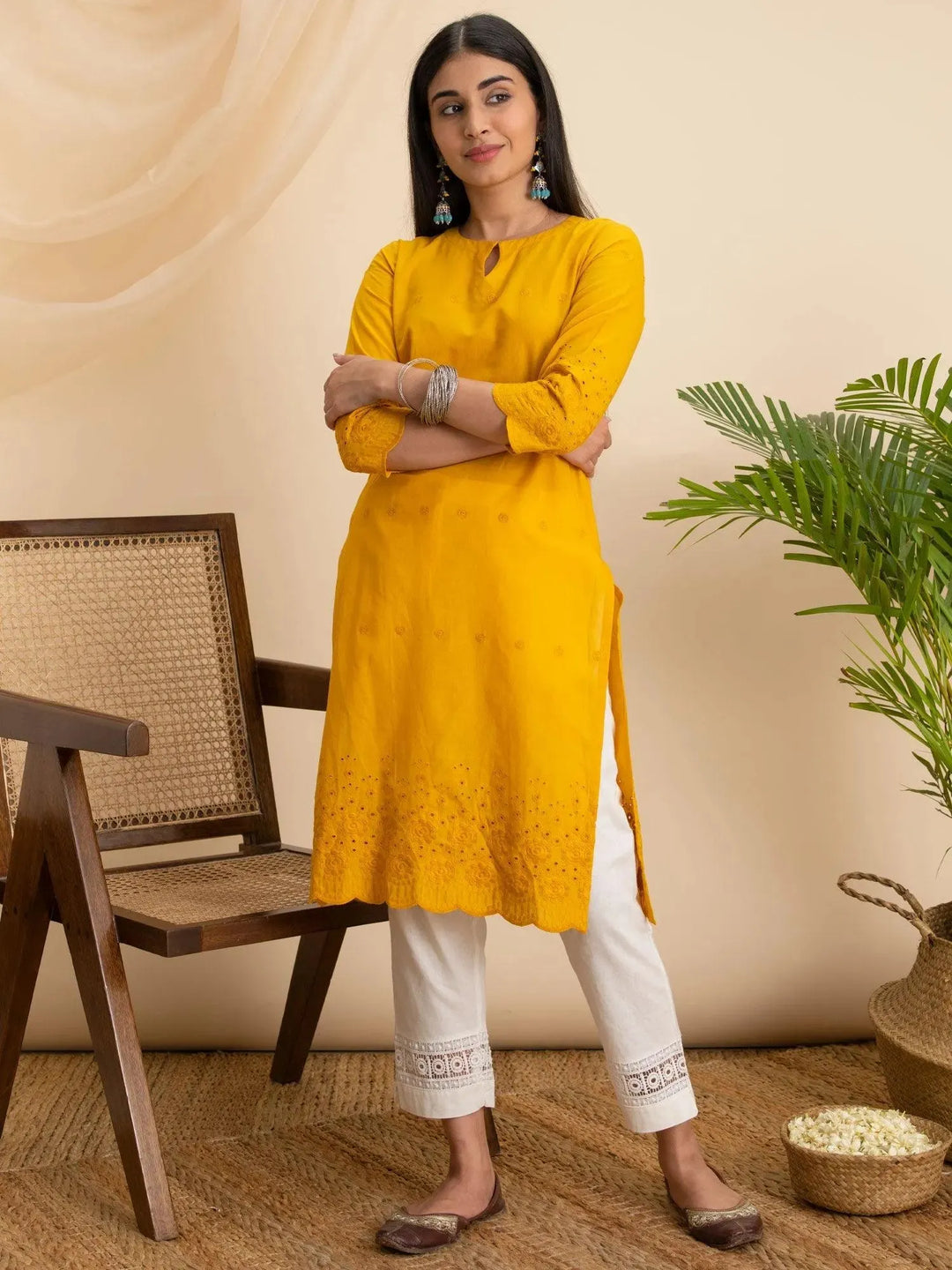 Yellow Embroidered Cotton Kurta - Libas