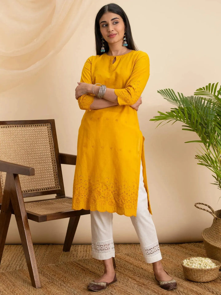 Yellow Embroidered Cotton Kurta - Libas