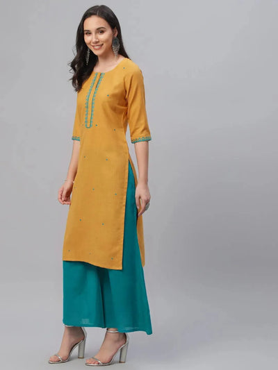 Yellow Embroidered Cotton Kurta - Libas