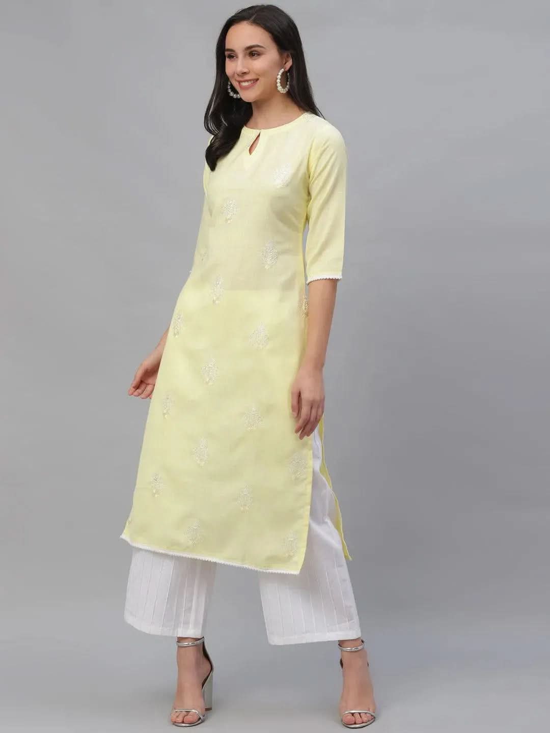 

Yellow Embroidered Cotton Kurta