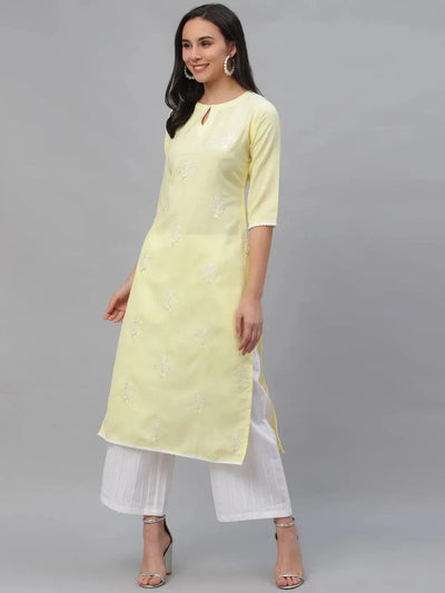 Yellow Embroidered Cotton Kurta - Libas