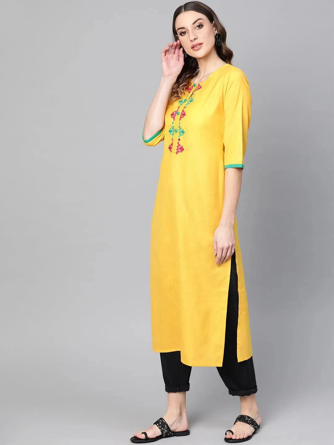 Yellow Embroidered Cotton Kurta - Libas