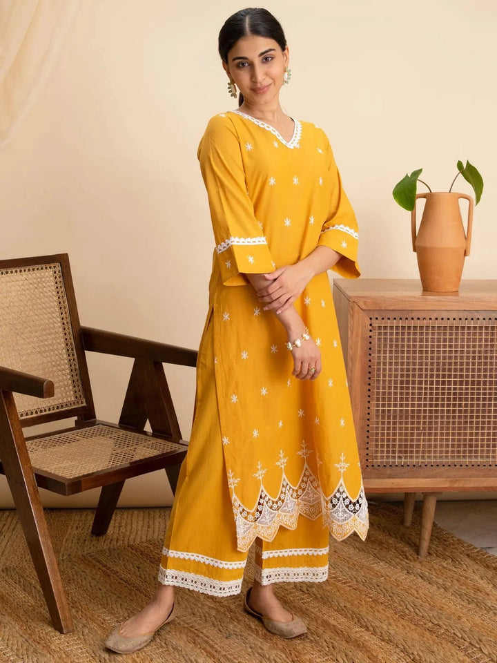 Yellow Embroidered Cotton Kurta - Libas