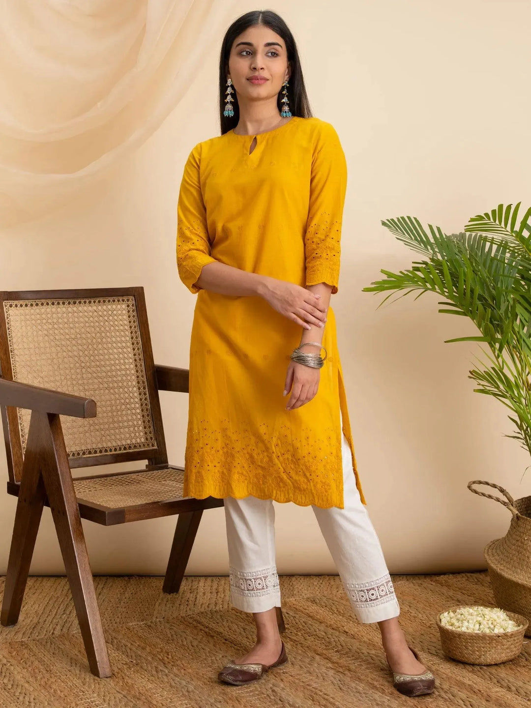 Yellow Embroidered Cotton Kurta - Libas