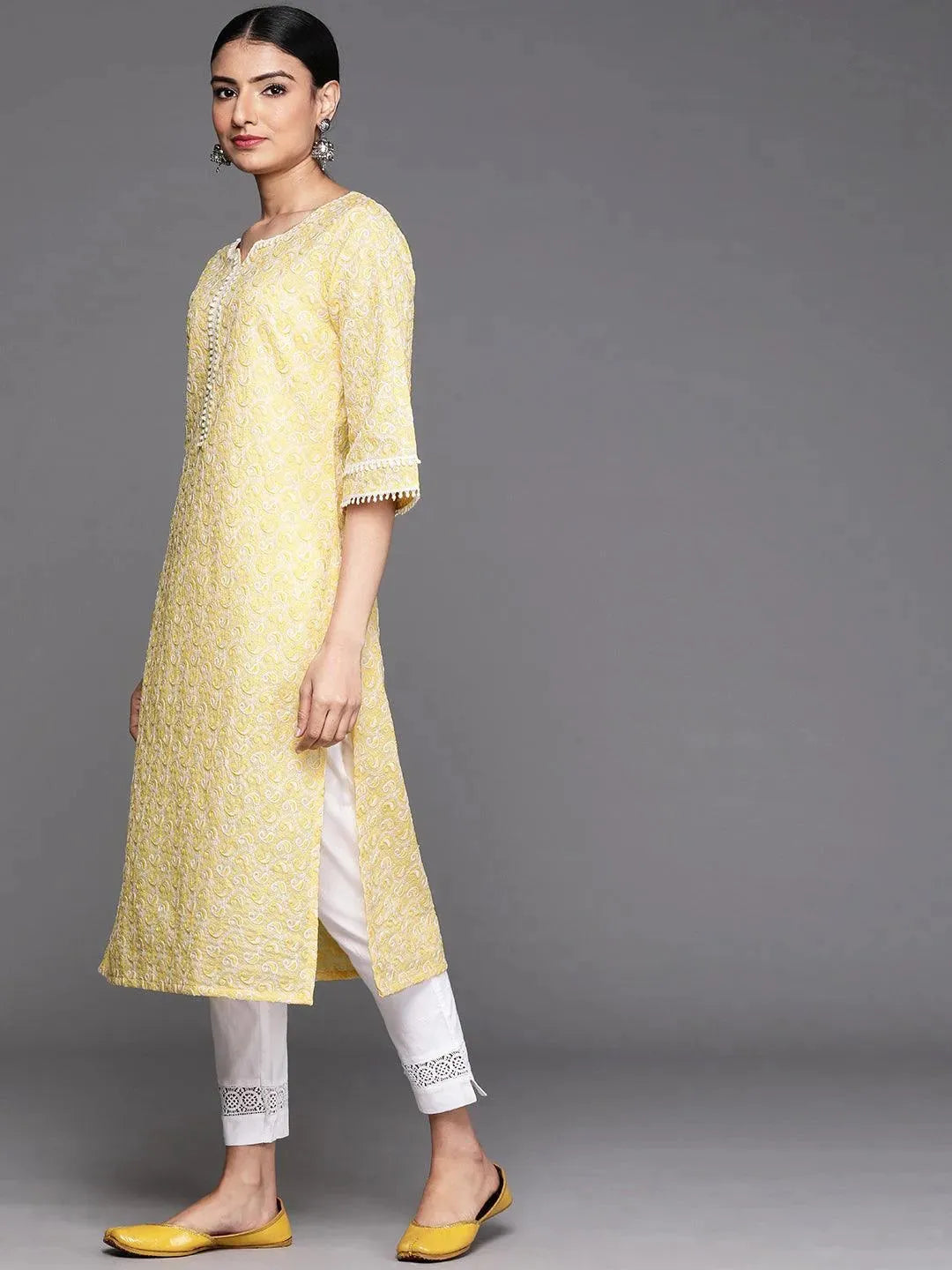 Yellow Embroidered Cotton Kurta - Libas 