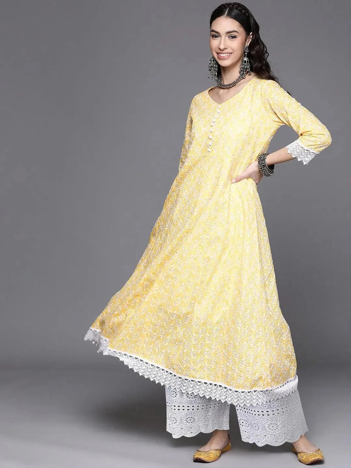 Yellow Embroidered Cotton Kurta - Libas