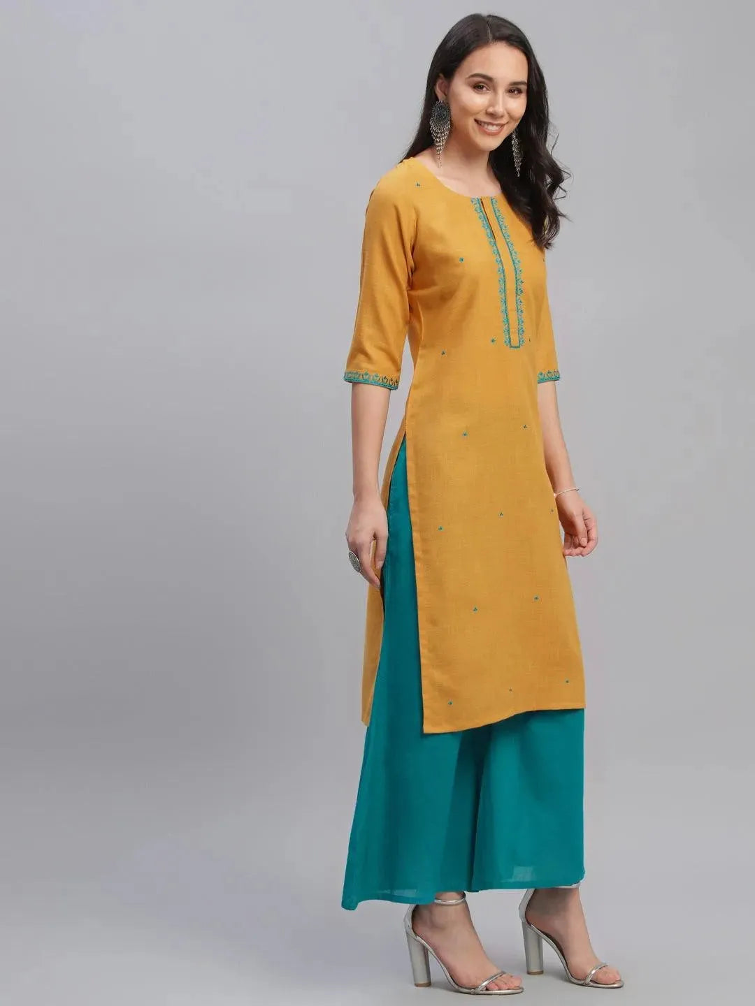 Yellow Embroidered Cotton Kurta - Libas