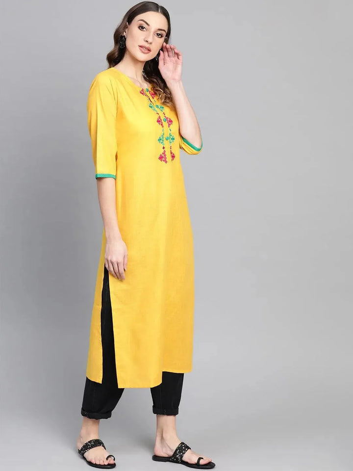 Yellow Embroidered Cotton Kurta - Libas