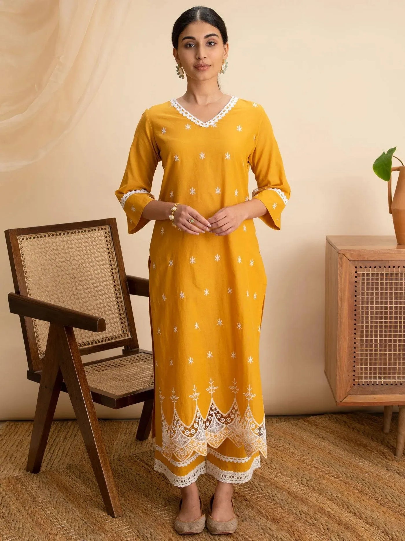 Yellow Embroidered Cotton Kurta - Libas