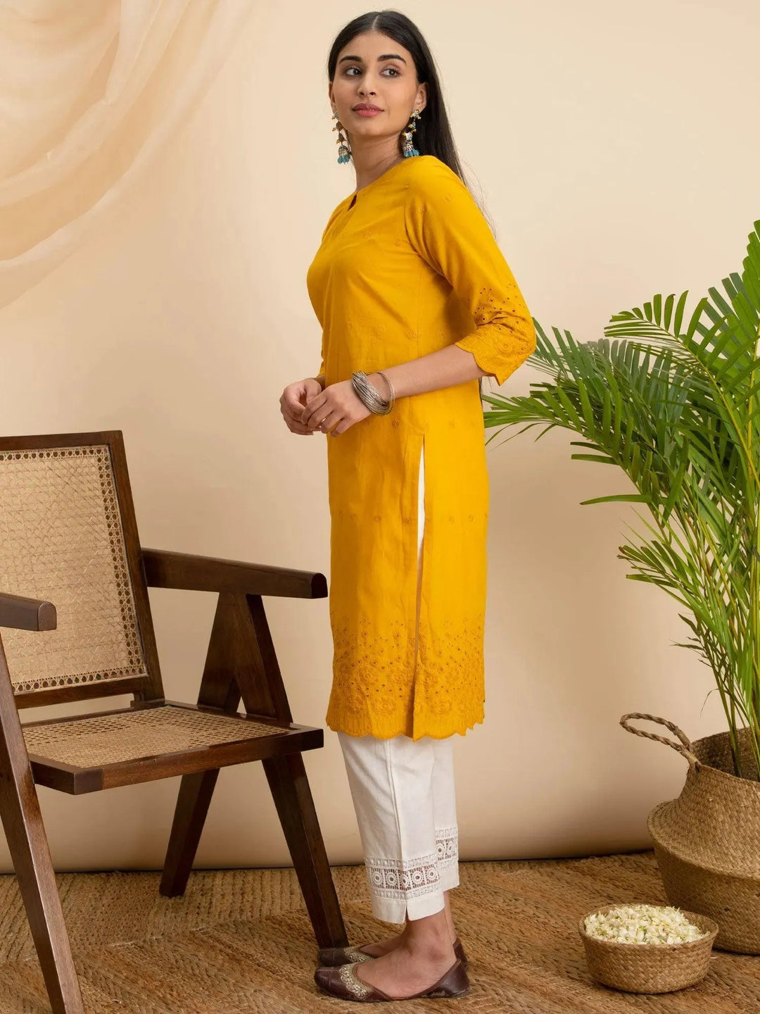 Yellow Embroidered Cotton Kurta - Libas 