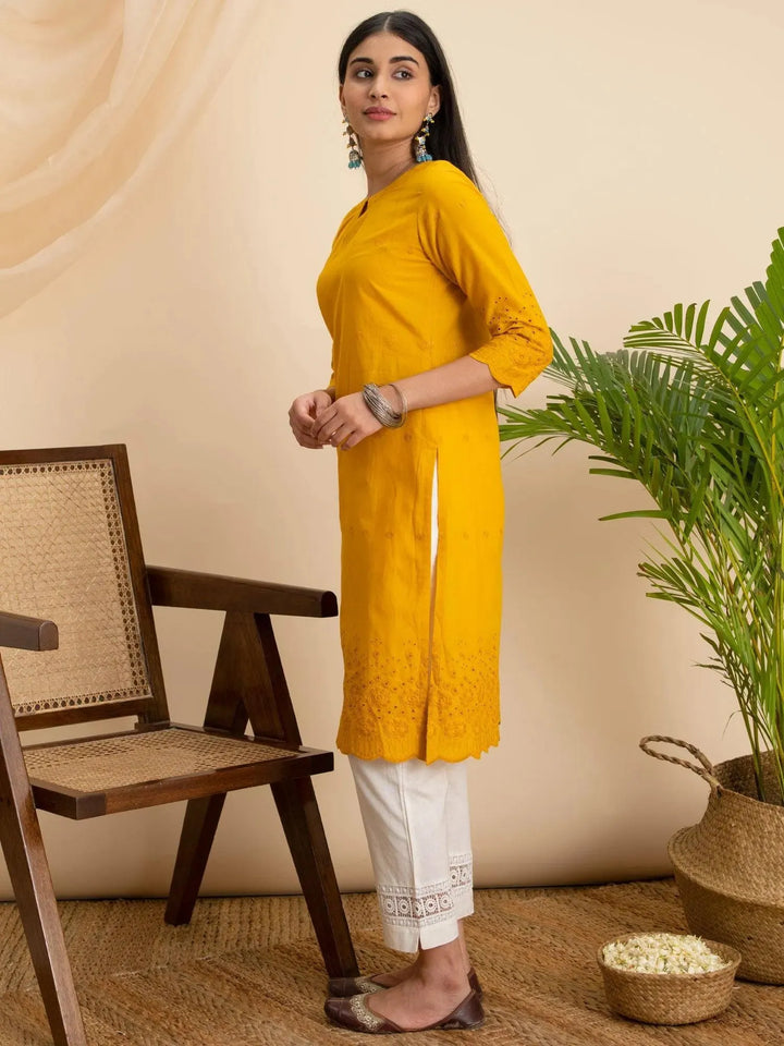 Yellow Embroidered Cotton Kurta - Libas