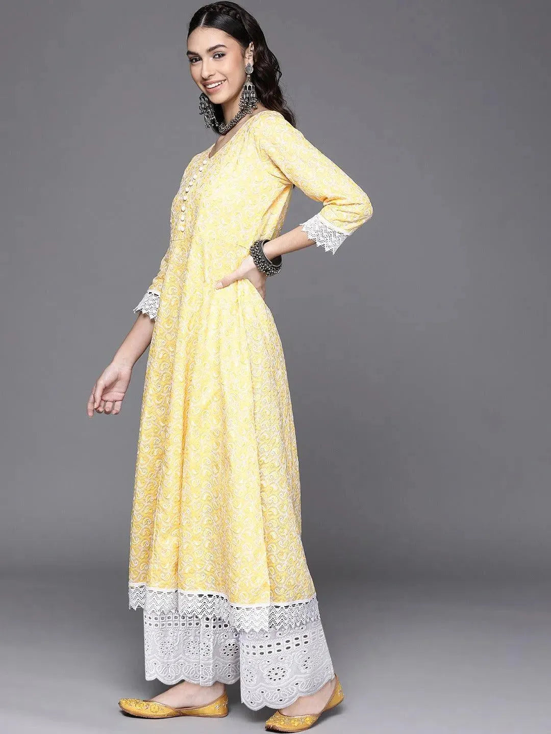 Yellow Embroidered Cotton Kurta - Libas