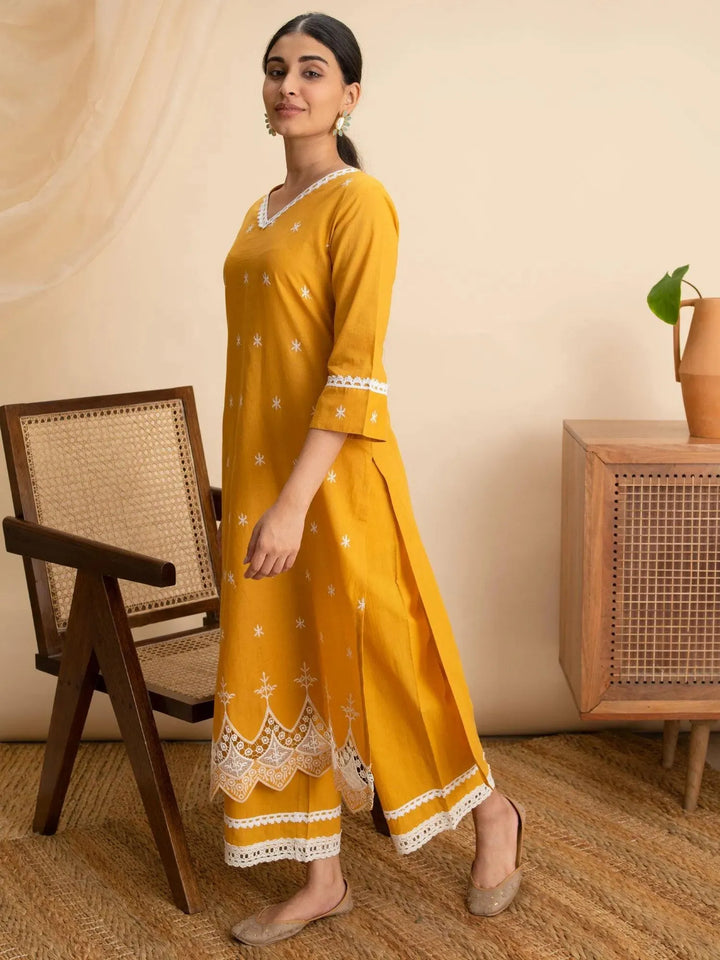 Yellow Embroidered Cotton Kurta - Libas