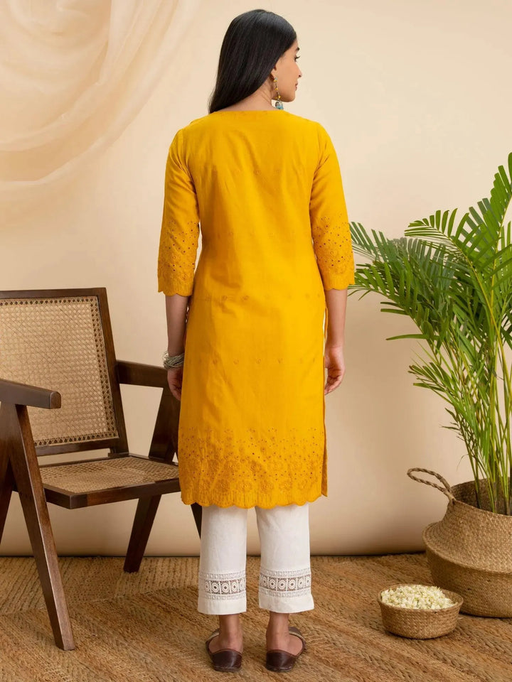 Yellow Embroidered Cotton Kurta - Libas