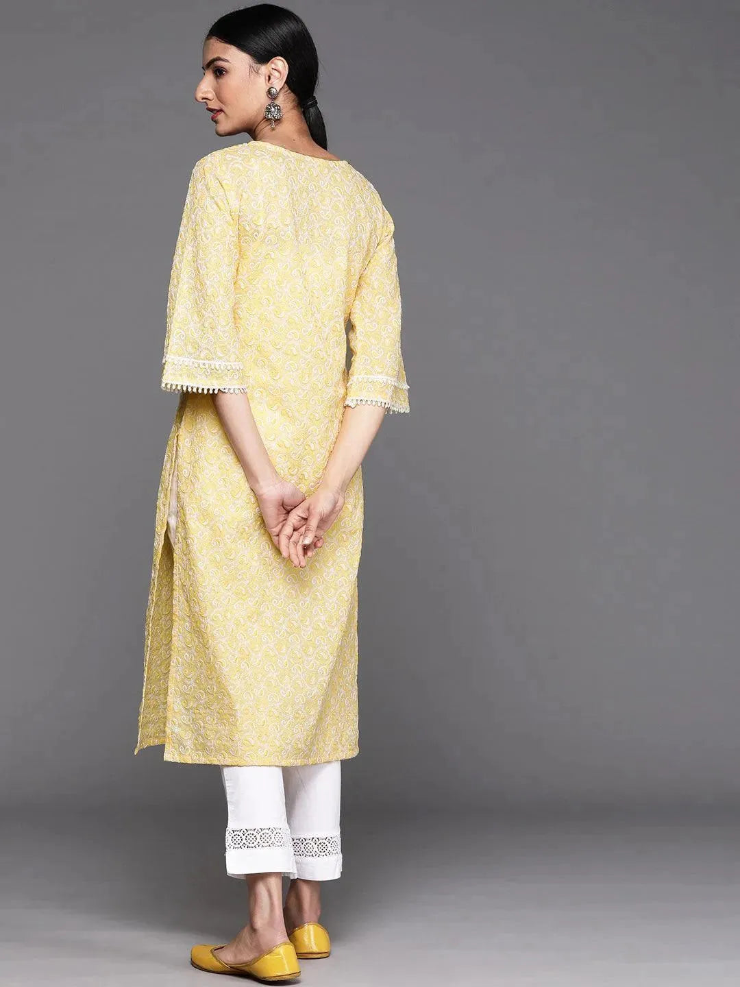 Yellow Embroidered Cotton Kurta - Libas 