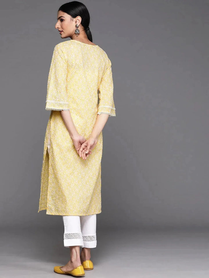 Yellow Embroidered Cotton Kurta - Libas