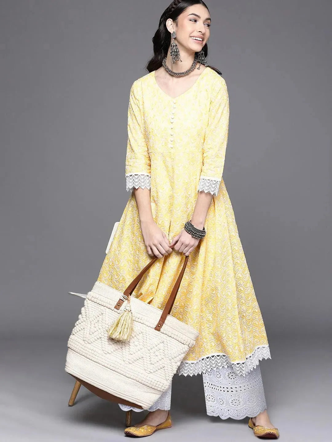 Yellow Embroidered Cotton Kurta - Libas