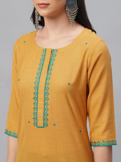 Yellow Embroidered Cotton Kurta - Libas