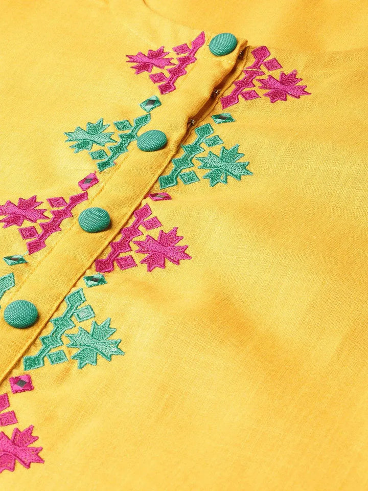 Yellow Embroidered Cotton Kurta - Libas